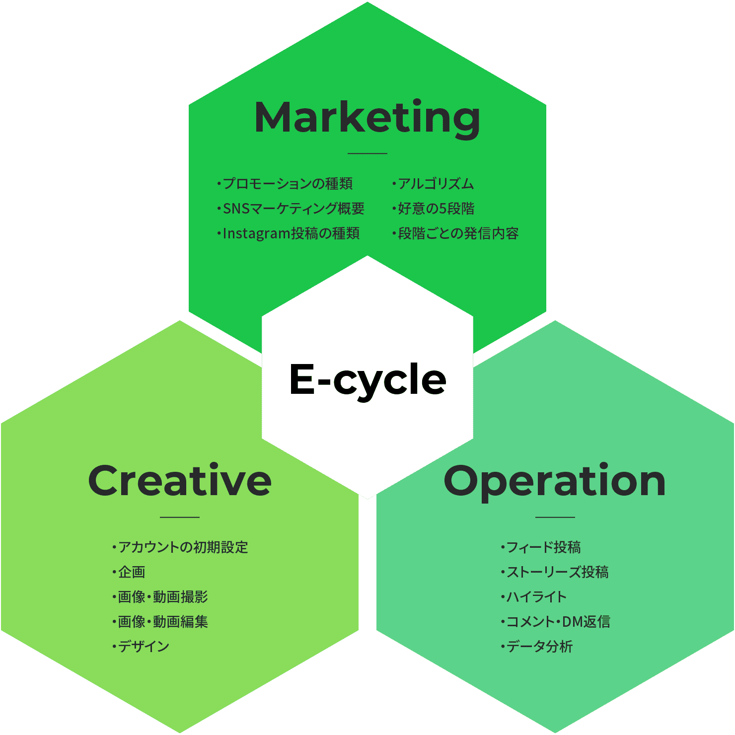 「E-cycle」を中心に、マーケティング、クリエイティブ、オペレーションの3つの要素が連携する図