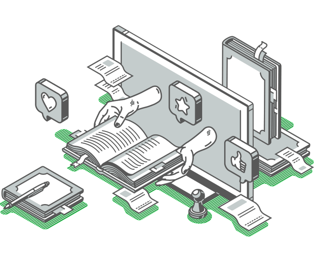 本をめくる手がデジタル画面から飛び出しているイラスト。画面上には「いいね」や「星マーク」のアイコンが表示されている。