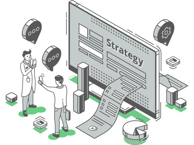 戦略的な計画を図示するチャートやデータが表示されたディスプレイを前に、意見交換するビジネスパーソンのイラスト